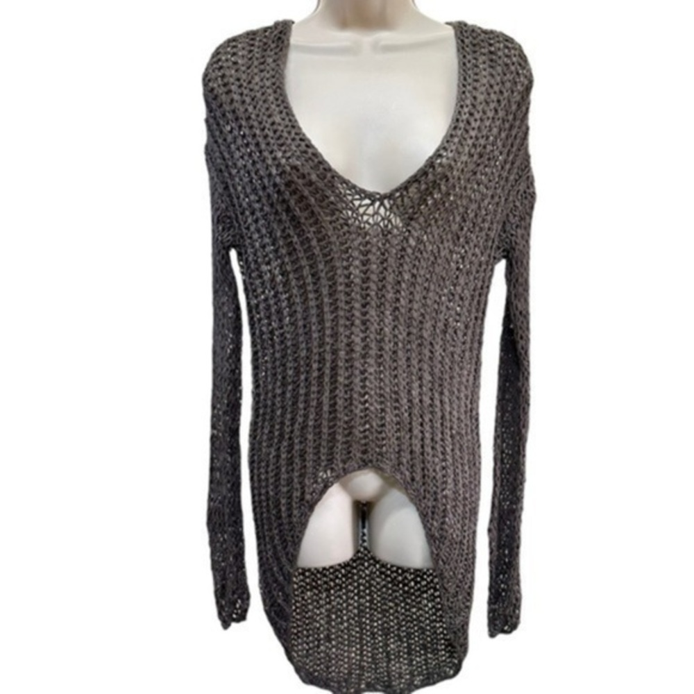 helmut lang knitted crochet long sleeve sheer high low sweater top